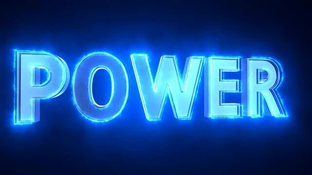 Glowing blue POWER typography pulses against a dark digital background. Motivational opener, presentation title sequence, and energy-themed advertising.