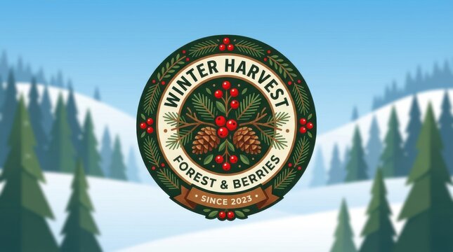 winter harvest forest berries logo with pinecones and red berries on snowy landscape winter harvest