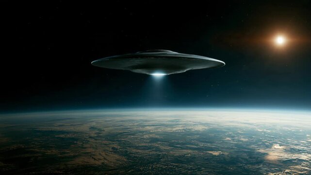 UFO seen hovering above Earth with bright light from sun in the background