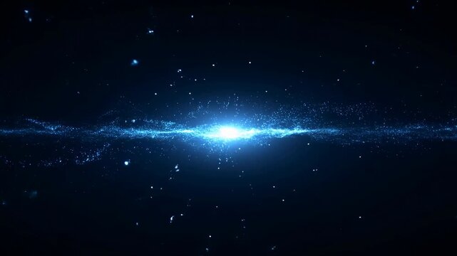 Blue particle energy field pulses across dark abstract space. Technology presentation, science opener, and digital innovation title sequence.