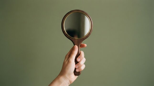 Hand Holding a Vintage Mirror Reflecting a Softly Lit Room.