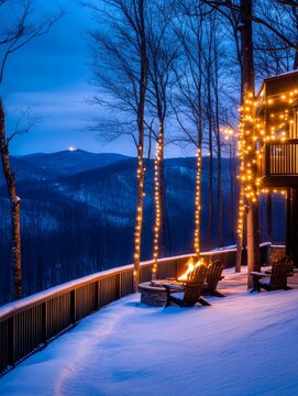 Cozy winter night scene with illuminated trees and a fire pit on a snowy terrace overlooking mountains