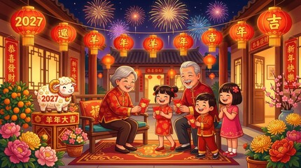 Fototapeta premium happy chinese new year 2027 celebration with multi-generational family sitting in traditional courty