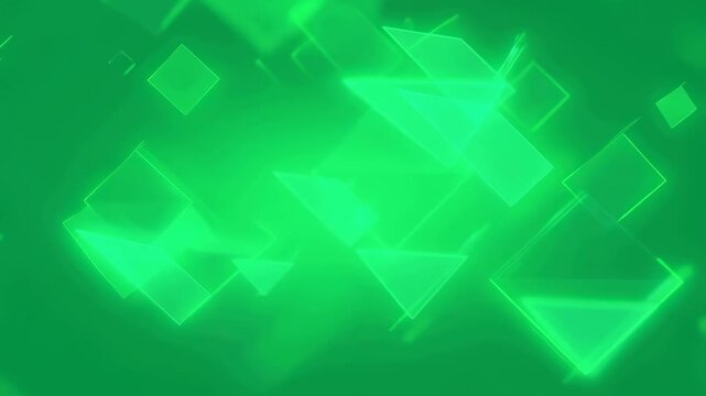 Glowing green squares and triangles float and drift slowly across a soft green gradient background. Shapes emit diffused light with gentle blur effects in a digital abstract space.