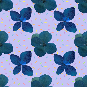 Pressed blue hydrangea seamless pattern with colorful confetti