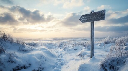 Naklejka premium Weathered wooden signpost stands starkly against a snowy landscape, guiding travelers across dunes during a frosty winter sunrise