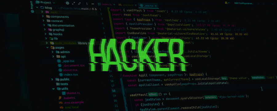 Cybersecurity hacker glitch text on computer screen, programming code background for data breach concept, digital security and hacking interface