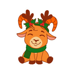 Cute Christmas goat character with reindeer antlers sticker isolated on transparent background © babysofja