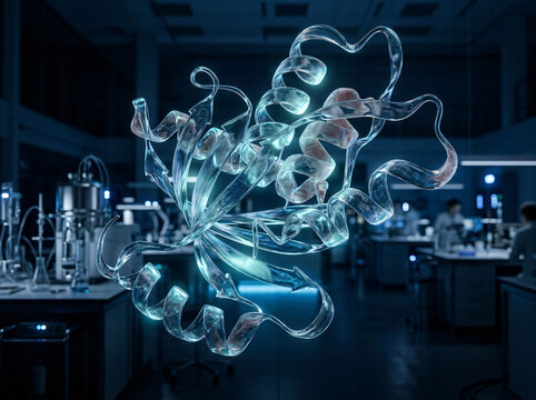 3D protein structure molecular visualization | biotechnology research in modern laboratory | pharmaceutical drug discovery concept | advanced proteomics and biochemistry science
