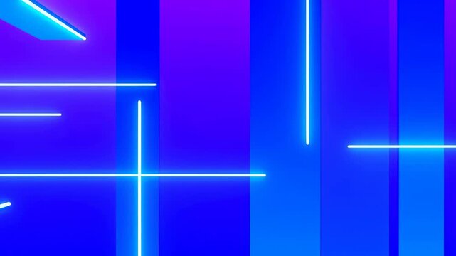 Animation of glowing neon lines sliding and intersecting over a blue-purple gradient background. Animated scene combines lines and vertical bars with glowing light.