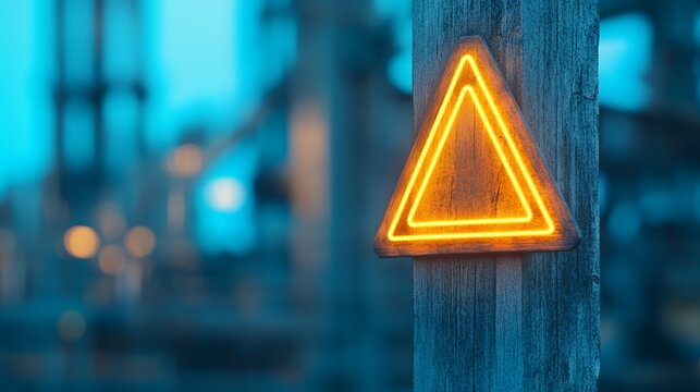 A neon orange warning triangle sign is mounted on a weathered wooden post against a blurred industrial background
