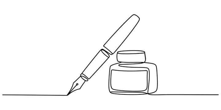 Continuous single line drawing of a fountain pen and an ink bottle representing writing and calligraphy, Continuous single line art of a fountain pen and ink