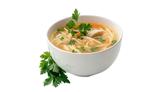 Bowl of hot creamy soup with herbs isolated on transparent background