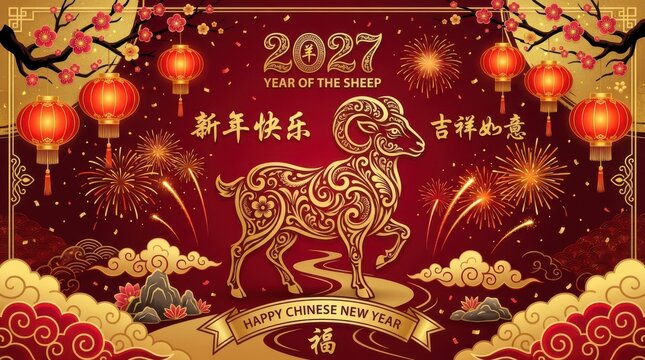 2027 Lunar New Year greeting card background featuring a golden sheep with lanterns and fireworks re