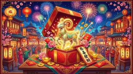 Fototapeta premium Chinese New Year 2027 Celebration Featuring A Golden Goat Statue Emerging From A Gift Box At Nightti
