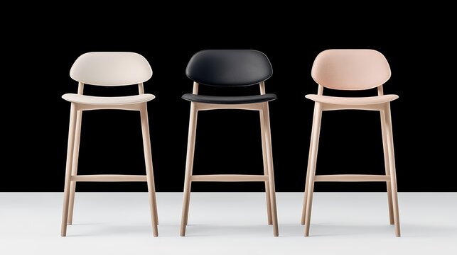 Three wooden bar stools with different colored leather seats are arranged in a row against a black background