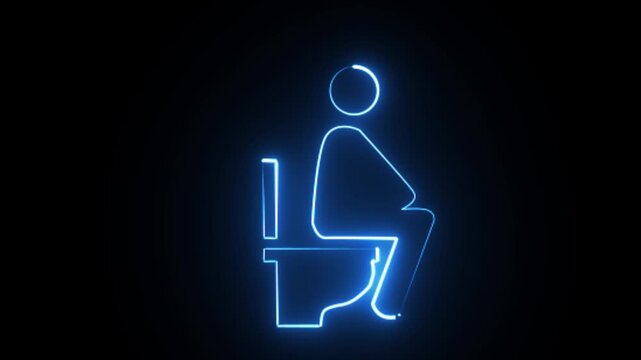 Washroom icon designed with a bright blue neon light depicts a seated person on a toilet to serve as an intuitive and sleek navigational aid for visitors seeking restroom facilities in any building.