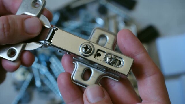 Close up carpenter hands examining new metal concealed hinge for furniture assembly, with pile of screws visible in blurred background before installation. Person holding cabinet door hinge hardware