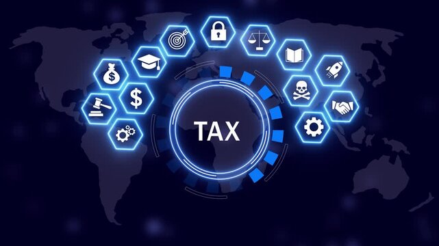 Digital tax compliance and global financial strategy concept featuring animated hud interface with business data analytics, legal regulations, and monetary growth symbols on a dark map background