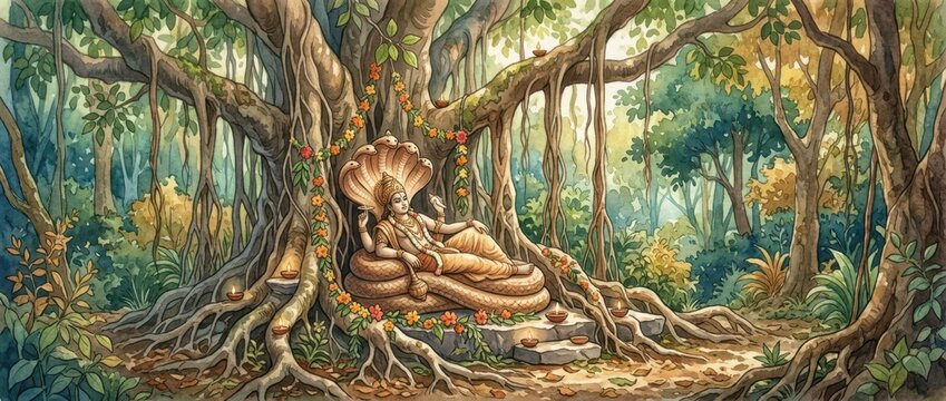 Lord Vishnu reclining on a serpent shrine beneath a banyan tree in a forest