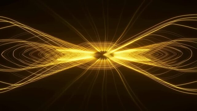 Animation of golden glowing wave lines flowing and intersecting on a dark background. Animated scene combines curved lines and wave patterns with glowing light.