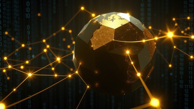 Glowing polygonal globe connected via bright lines. Digital background features cascading binary code. Futuristic concept, technology focus.