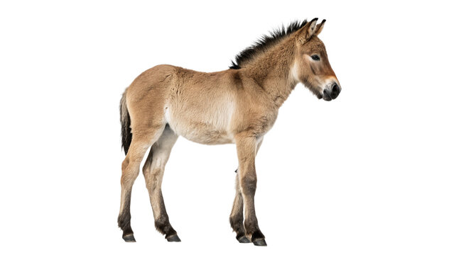 Small brown wild donkey foal standing isolated on transparent background