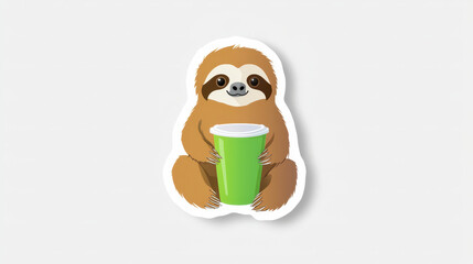 Fototapeta premium Cute sloth holding green cup, perfect for stickers and playful designs. This adorable character brings joy and charm