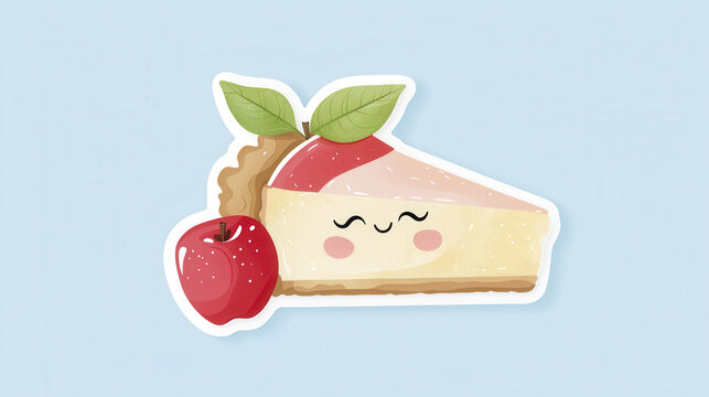 Cute apple pie slice with smiling face, accompanied by red apple and green leaves, evokes cheerful and delightful feeling