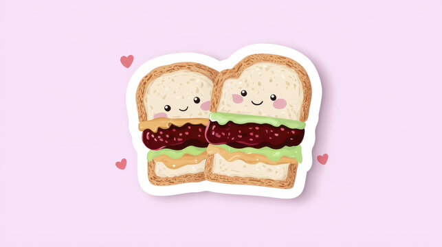 Cute sandwich sticker featuring two smiling slices of bread with colorful fillings, surrounded by hearts, expressing joy