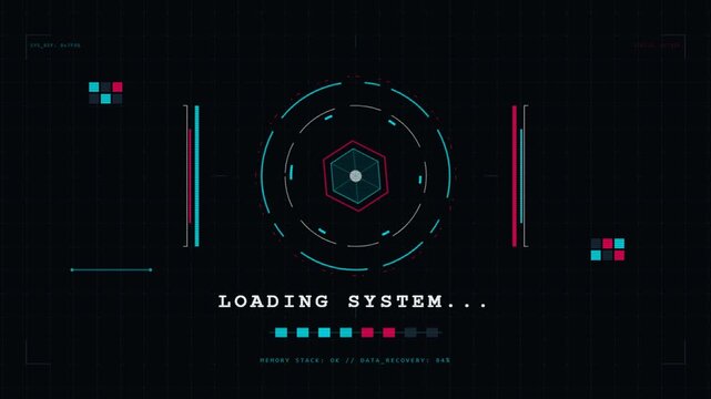 Futuristic sci fi hud loading screen with geometric concentric circles and glowing cybernetic data elements