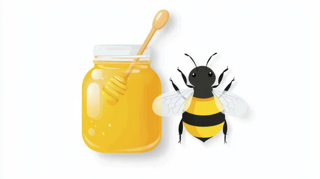 Cheerful bee next to jar of golden honey with honey dipper, symbolizing sweetness and nature bounty