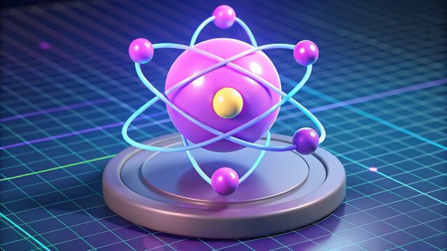 3D illustration of an atom with glowing blue orbitals and pink electrons