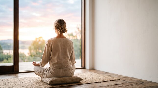 Peaceful woman meditating in lotus position at home during sunrise