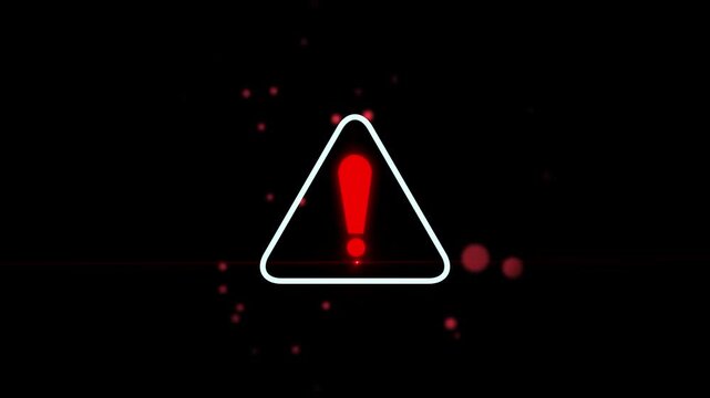 Glowing red warning triangle exclamation mark alert icon with particles on dark background loop