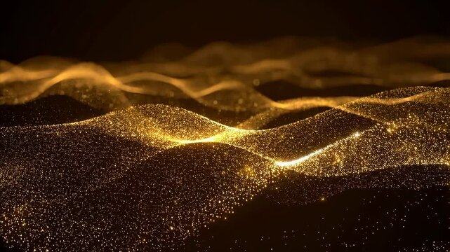 Golden particles flow and undulate forming smooth wave-like patterns on a dark background. Particles pulse softly with glowing diffusion creating fluid motion in an abstract digital space.