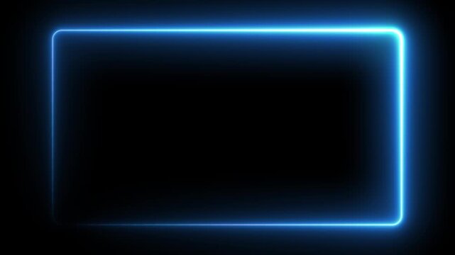 Glowing blue neon rounded rectangle frame border animation loop isolated on black background