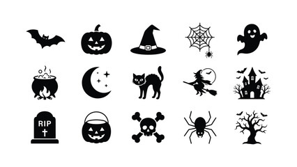 Fototapeta premium Halloween-themed black and white icons set of 15 symbols
