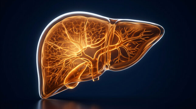 3D human liver anatomy illustration | internal liver blood vessel structure | glowing orange liver medical visualization | hepatic health and organ anatomy diagram