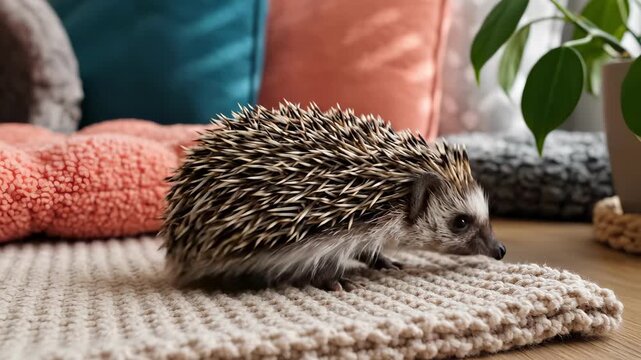 Cute hedgehog walking on knitted rug indoors. Small pet exploring home environment. Domestic animal lifestyle