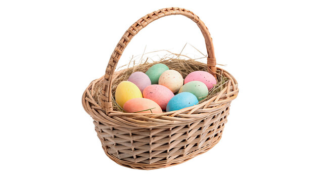 Wicker basket filled with colorful easter eggs layout isolated on transparent background