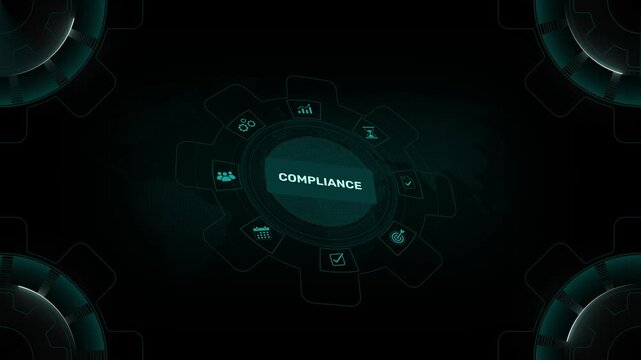 Corporate compliance and industry standards verification on digital gear HUD interface background loop