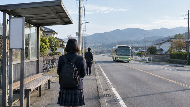 Morning Commute at a Local Bus Stop in Japan