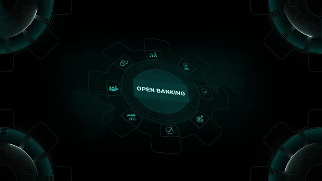 Open banking financial technology and API digital transaction concept on gear HUD background loop