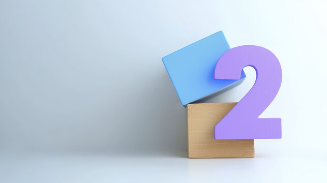 Vibrant purple number two stands atop wooden block, complemented by blue cube, creating playful and colorful display