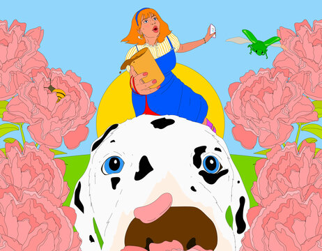 Close up of Dalmatian dog pulling young woman through pink flowers