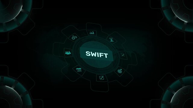 SWIFT global interbank financial telecommunication network on isometric digital gear HUD background loop