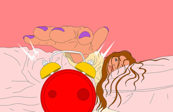 Young woman's hand hitting snooze button on alarm clock