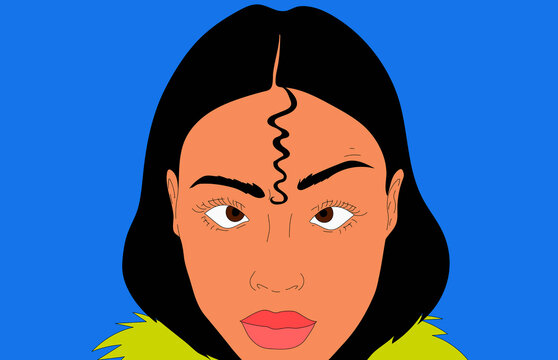 Close up of young woman with curly black strand of hair on forehead