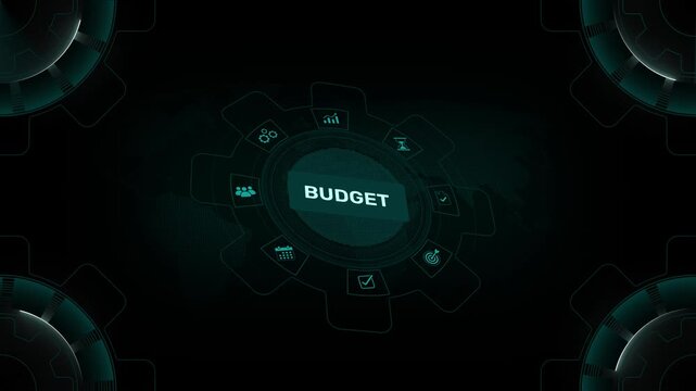 Dynamic digital infographic animation featuring a central budget concept surrounded by interconnected business financial growth. motion graphics of digital technology background